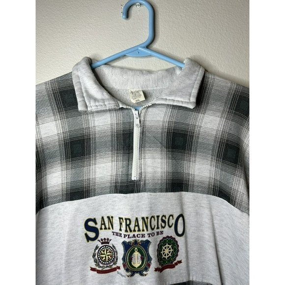 San Francisco The Place To Be 1994 Sweater Gray Plaid 1/4 Zip Size XXL Grey - Picture 10 of 14